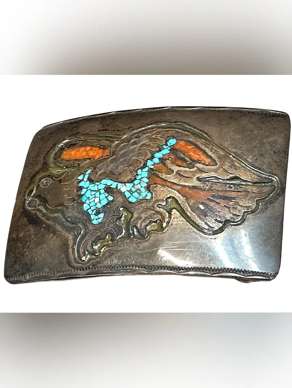 Handcrafted Turquoise & Coral Inlay Metal Wall Art